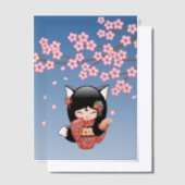 狐こけし人形ブラックキツネ芸者ブルーインサート ベラム紙招待状 (オフセット)