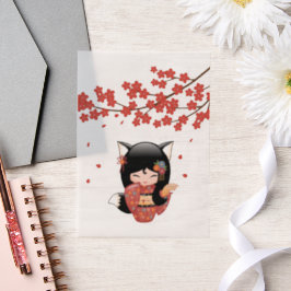 狐こけし人形ブラックキツネ芸者赤インサート ベラム紙招待状