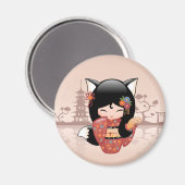 狐こけし人形 – かわいい黒キツネ女の子 マグネット (正面/裏面)