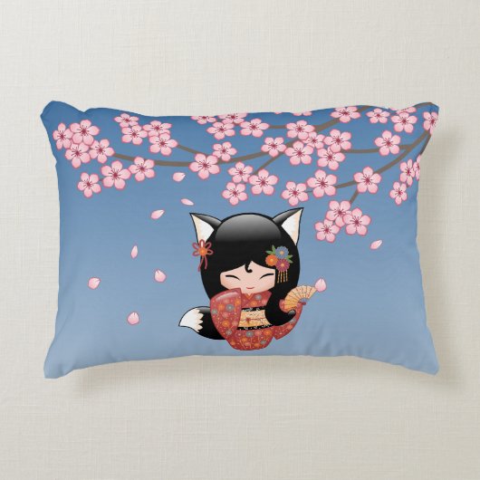 狐こけし人形 – 黒キツネ芸者ガール アクセントクッション (正面)