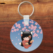 狐こけし人形 – 黒キツネ芸者ガール キーホルダー (正面)