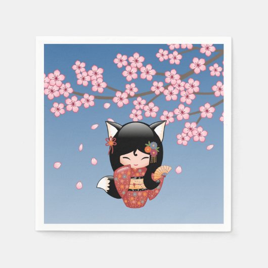 狐こけし人形 – 黒キツネ芸者ガール スタンダードカクテルナプキン (正面)