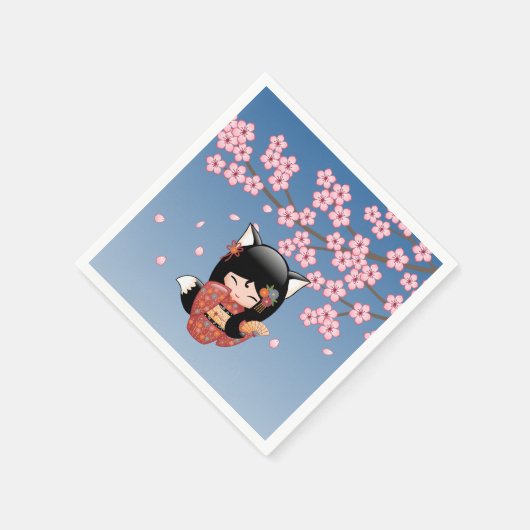 狐こけし人形 – 黒キツネ芸者ガール スタンダードカクテルナプキン (角)