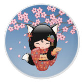 狐こけし人形 – 黒キツネ芸者ガール セラミックノブ (正面)