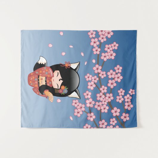 狐こけし人形 – 黒キツネ芸者ガール タペストリー (正面(横))