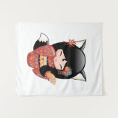 狐こけし人形 – 黒キツネ芸者ガール タペストリー (正面(横))