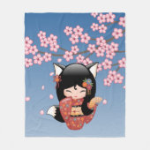 狐こけし人形 – 黒キツネ芸者ガール フリースブランケット (正面)