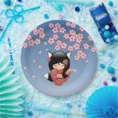 狐こけし人形 – 黒キツネ芸者ガール ペーパープレート (パーティー)