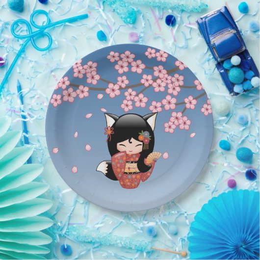 狐こけし人形 – 黒キツネ芸者ガール ペーパープレート (パーティー)