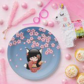 狐こけし人形 – 黒キツネ芸者ガール ペーパープレート (パーティー)