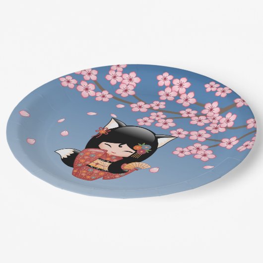 狐こけし人形 – 黒キツネ芸者ガール ペーパープレート (アングル)