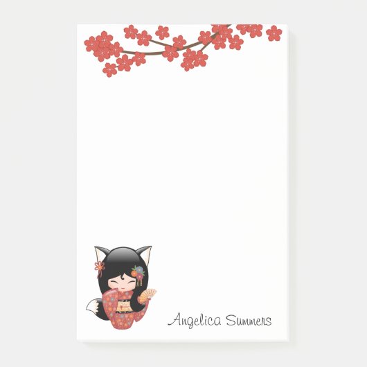 狐こけし人形 – 黒キツネ芸者ガール ポストイット (正面)