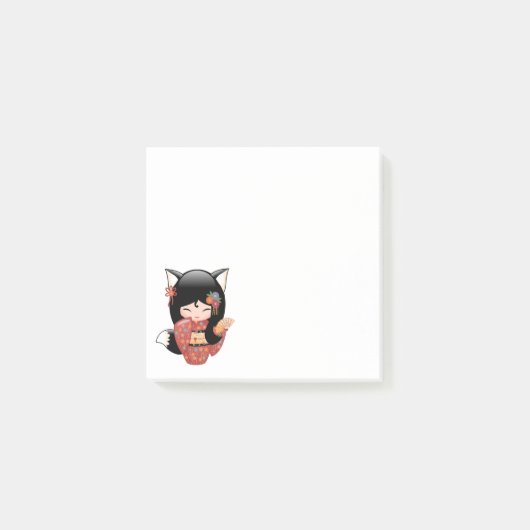 狐こけし人形 – 黒キツネ芸者ガール ポストイット (正面)