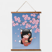 狐こけし人形 – 黒キツネ芸者ガール 吊り下げ型タペストリー (正面)