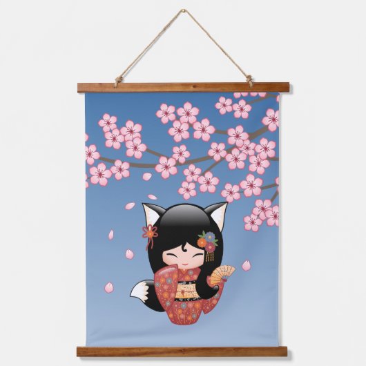 狐こけし人形 – 黒キツネ芸者ガール 吊り下げ型タペストリー (正面)