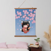 狐こけし人形 – 黒キツネ芸者ガール 吊り下げ型タペストリー (寝室)