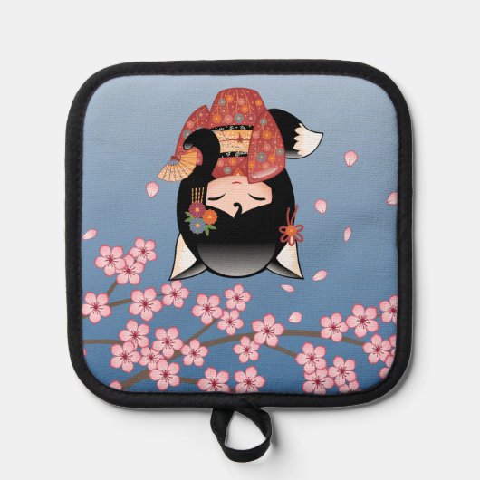 狐こけし人形 – 黒キツネ芸者ガール 鍋敷き (正面)