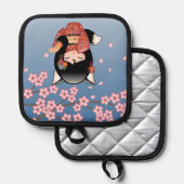 狐こけし人形 – 黒キツネ芸者ガール 鍋敷き (正面/裏面)