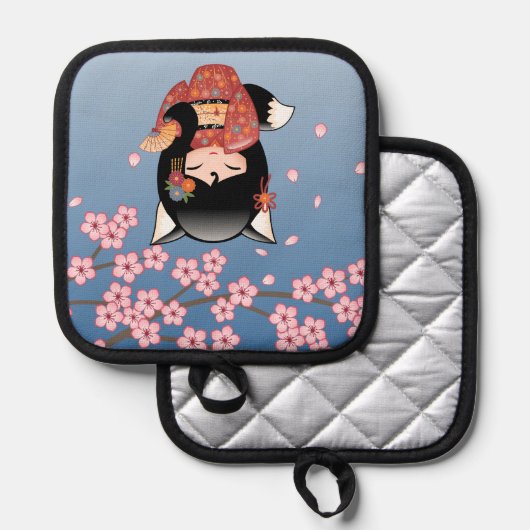 狐こけし人形 – 黒キツネ芸者ガール 鍋敷き (正面/裏面)