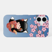狐こけし人形 – 黒キツネ芸者ガール iPhone 16ケース (裏面横)