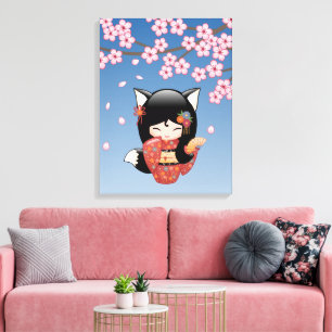 狐こけし人形 - 黒狐の芸者さん キャンバスプリント