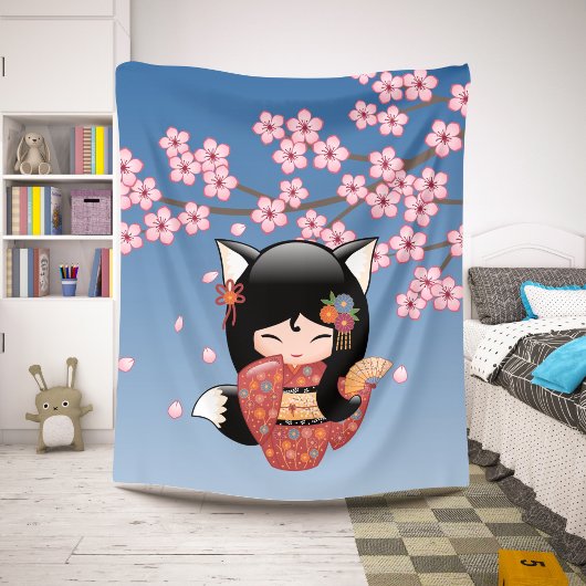 狐こけし人形 - 黒狐の芸者さん シェルパブランケット