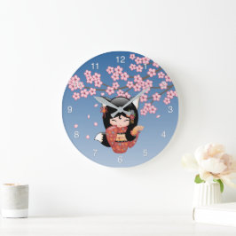 狐こけし人形 - 黒狐の芸者さん ラージ壁時計