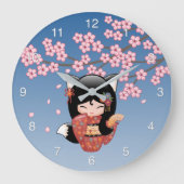 狐こけし人形 - 黒狐の芸者さん ラージ壁時計 (正面)