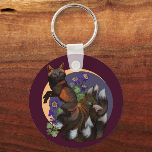 狐とオダマキ(植物)の花 キーホルダー (正面)