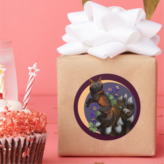 狐とオダマキ（植物）の花 ラウンドシール (パーティー)