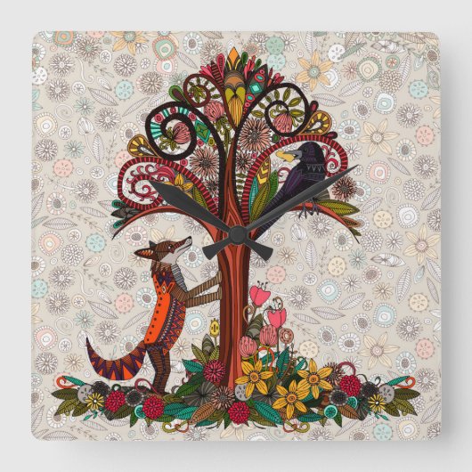 狐とカラス スクエア壁時計 (正面)