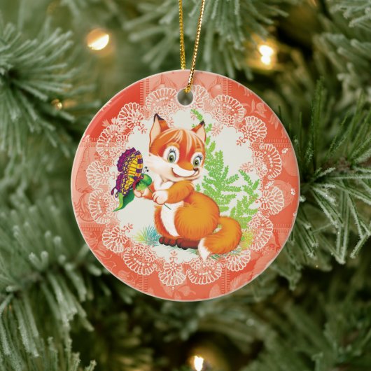 狐と蝶の模様 セラミックオーナメント (ツリー)
