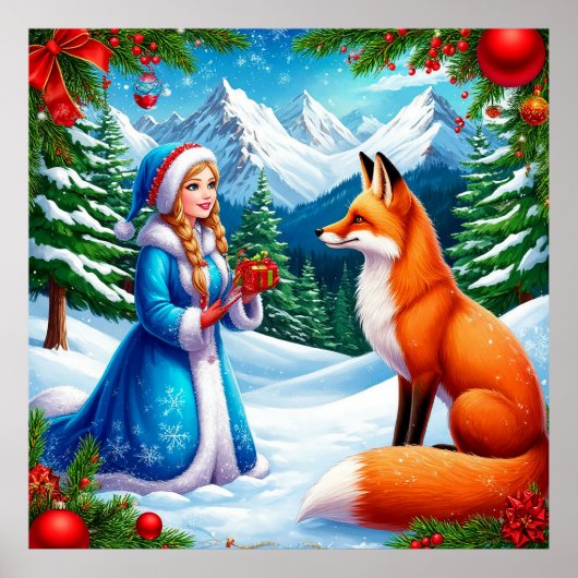 狐と雪の乙女の冬の壁飾り ポスター (正面)