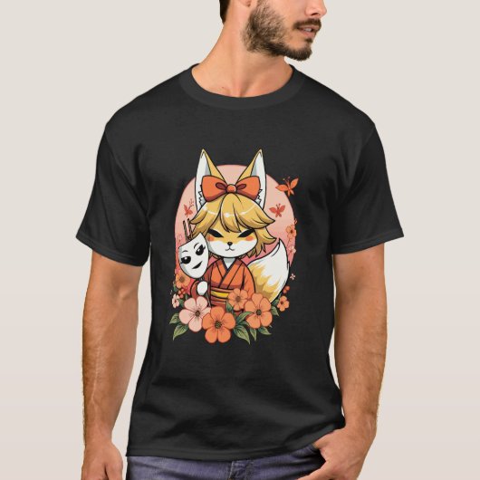 狐のお守り マスクと花 Tシャツ (正面)