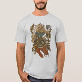 "狐のお面と錦鯉の武士猫アート" Tシャツ (正面)