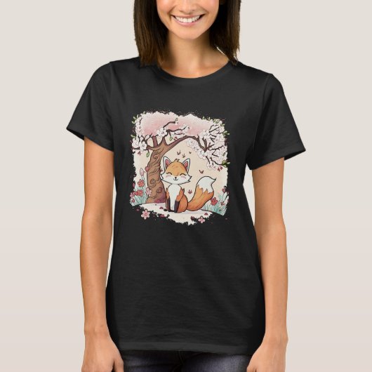 狐のベイパーウェーブ 桜の下 日本の美意識 Tシャツ (正面)