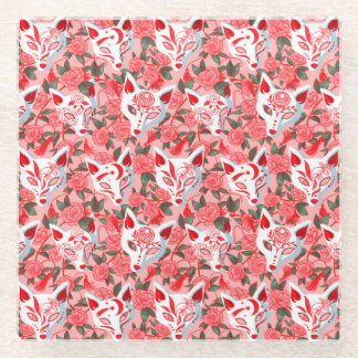 狐の仮面とピンクの椿が咲く ガラスコースター