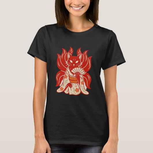 狐の威厳: 着物姿の九尾 Tシャツ (正面)