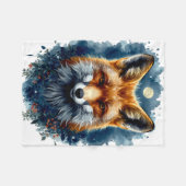 狐の水彩画 月の森 動物の美意識 フリースブランケット (正面(横))