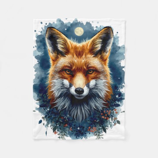 狐の水彩画 月の森 動物の美意識 フリースブランケット (正面)