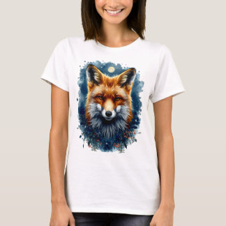 狐の水彩画 月の森 動物の美意識 Tシャツ