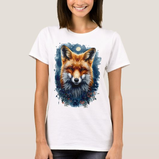狐の水彩画 月の森 動物の美意識 Tシャツ (正面)
