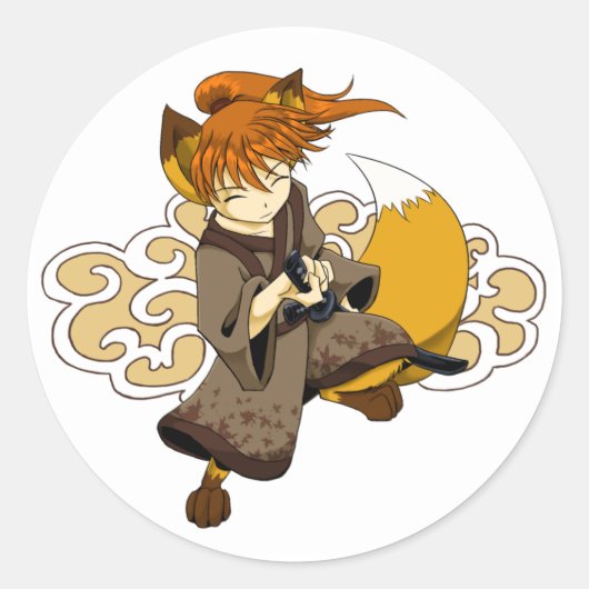 狐サムライのステッカー ラウンドシール (正面)