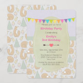 狐、鳥、そして木の幻想的な誕生日パーティーへの招待 招待状 (正面/裏面)