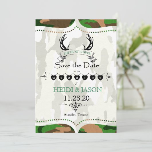 「狩りが終わった」素朴迷彩柄写真Save the Date セーブザデート (スタンド正面)