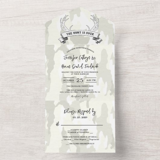 「狩りが終わった」素朴迷彩柄結婚式招待状 オールインワン招待状 (内側)