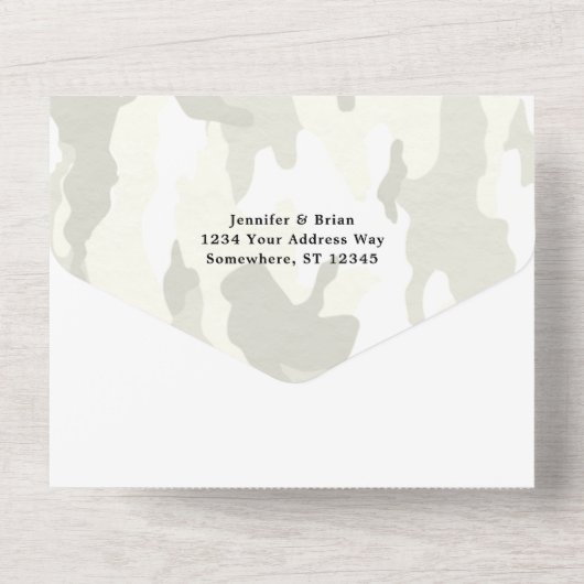 「狩りが終わった」素朴迷彩柄結婚式招待状 オールインワン招待状 (裏面)