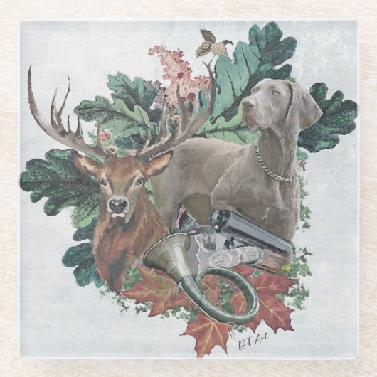 狩りとワイマラン「グレー幽霊」 ガラスコースター (正面)