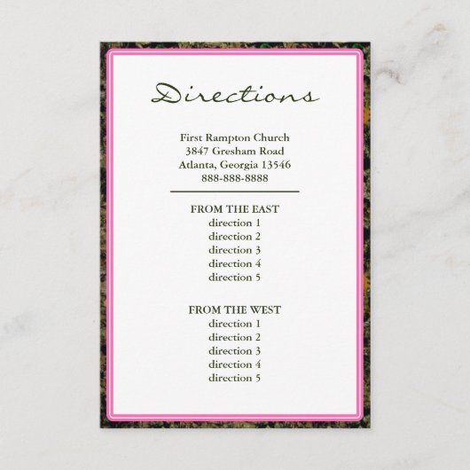 狩りの迷彩柄のピンクのカスタムな結婚式の方向 エンクロージャーカード (正面)