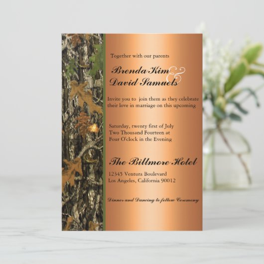 狩りの迷彩柄は結婚式招待状を残します 招待状 (スタンド正面)